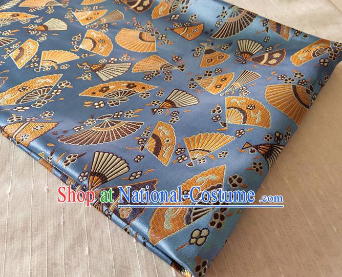 Asian Japan Traditional Folding Fan Pattern Design Blue Brocade Damask Fabric Kimono Satin Material