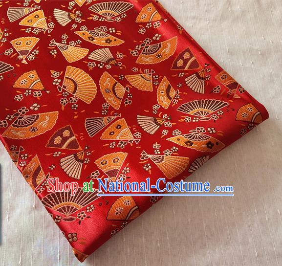 Asian Japan Traditional Folding Fan Pattern Design Red Brocade Damask Fabric Kimono Satin Material