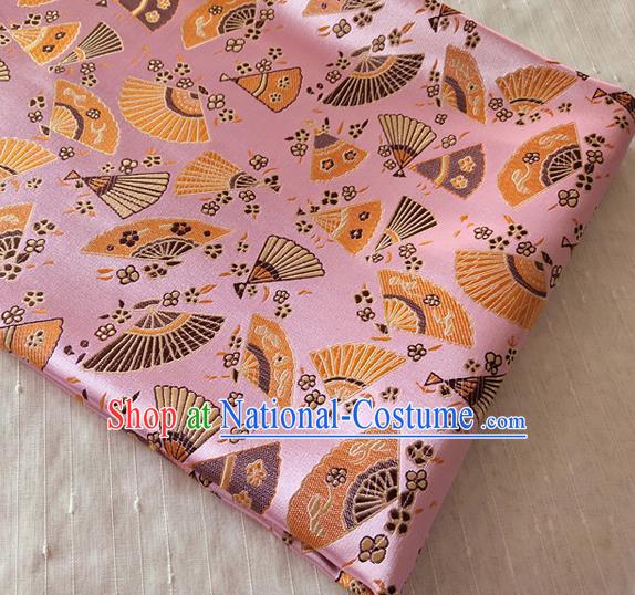 Asian Japan Traditional Folding Fan Pattern Design Pink Brocade Damask Fabric Kimono Satin Material