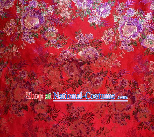 Asian Chinese Traditional Peony Pattern Design Red Brocade Cheongsam Fabric Silk Material