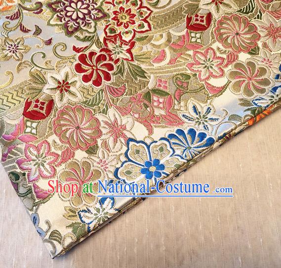 Asian Japan Traditional Sakura Daisy Pattern Design Beige Brocade Damask Fabric Kimono Satin Material