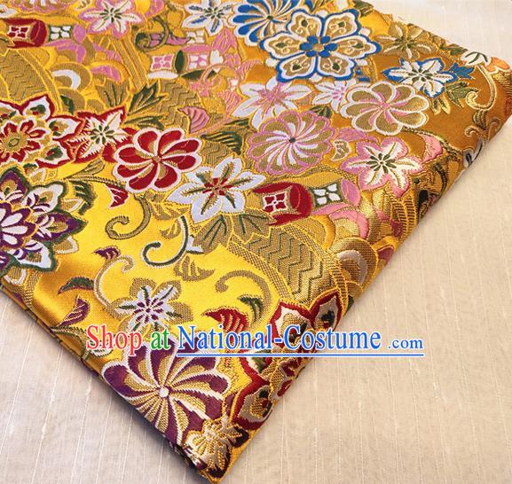 Asian Japan Traditional Sakura Daisy Pattern Design Golden Brocade Damask Fabric Kimono Satin Material