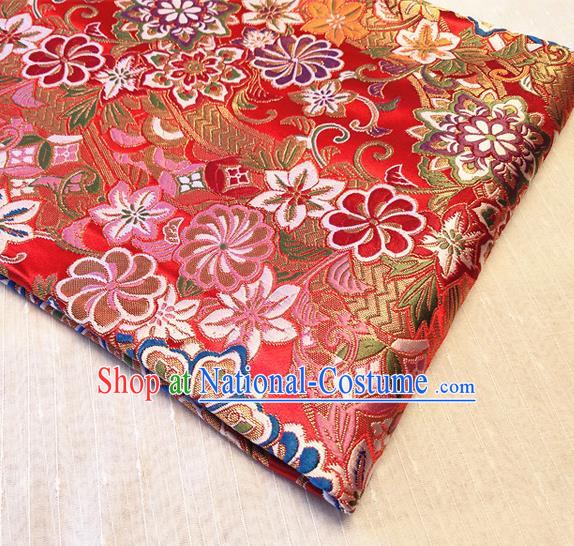 Asian Japan Traditional Sakura Daisy Pattern Design Red Brocade Damask Fabric Kimono Satin Material