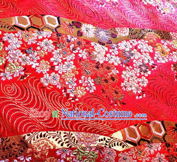 Asian Japan Traditional Cherry Blossom Pattern Design Red Brocade Damask Fabric Kimono Satin Material