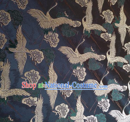 Asian Japan Traditional Cranes Pattern Design Black Brocade Damask Fabric Japanese Kimono Satin Material