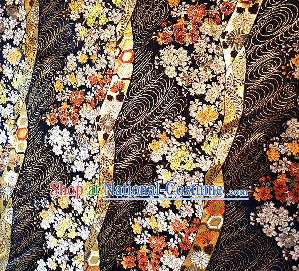 Asian Japan Traditional Cherry Blossom Pattern Design Black Brocade Damask Fabric Kimono Satin Material