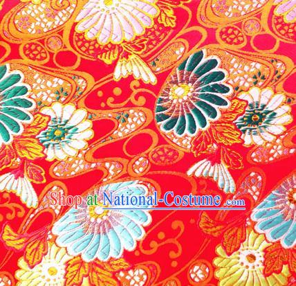 Asian Japan Traditional Daisy Pattern Design Red Brocade Damask Fabric Kimono Satin Material