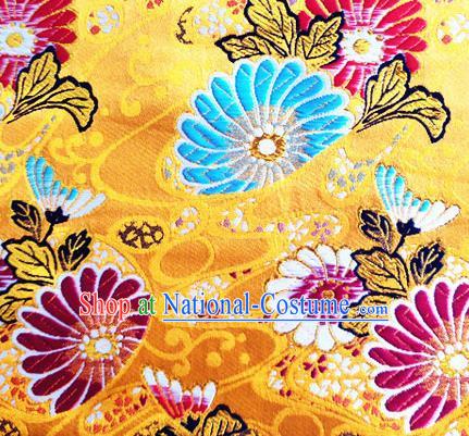 Asian Japan Traditional Daisy Pattern Design Yellow Brocade Damask Fabric Kimono Satin Material