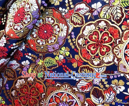 Asian Japan Traditional Flowers Pattern Design Navy Brocade Damask Fabric Japanese Kimono Satin Material