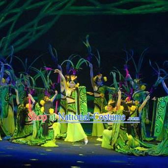 Chinese Chinese The Mystery Show of Huizhou Classical Dance Green Dress Stage Performance Costume and Headpiece for Women