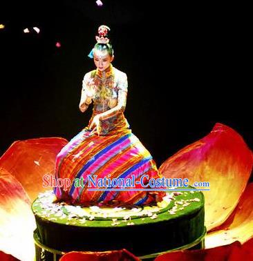 Chinese Impression Tibetan Zang Nationality Folk Dance Dress Yang Liping Stage Performance Costume and Headpiece for Women