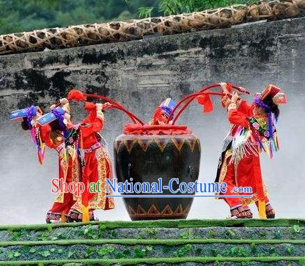 Chinese Road Solutions Dujiangyan Ethnic Dance Red Dress Stage Performance Costume and Headpiece for Women