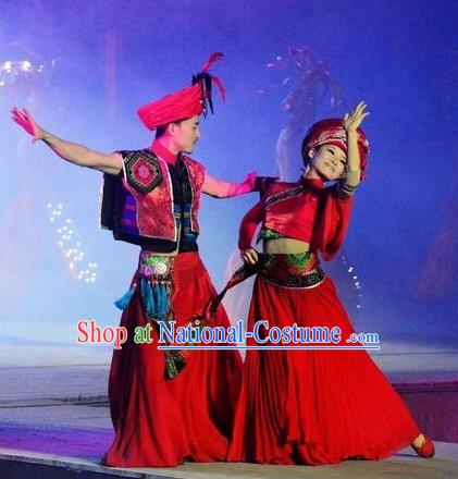 Chinese Dragon Boat Song Tujia Nationality Ethnic Wedding Stage Performance Dance Red Costumes for Women for Men