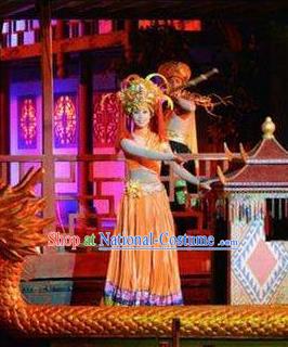 Chinese Dragon Boat Song Tujia Nationality Ethnic Dance Orange Dress Stage Performance Costume and Headpiece for Women