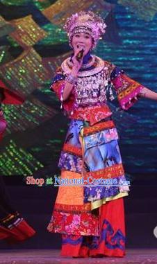 Chinese Dragon Boat Song Tujia Nationality Bride Ethnic Dance Dress Stage Performance Costume and Headpiece for Women