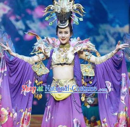 Chinese Impression of Lijiang Naxi Nationality Ethnic Dance Purple Dress Stage Performance Costume and Headpiece for Women