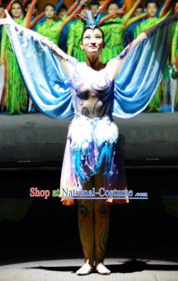 Chinese Shapotou Celebration Folk Dance Blue Dress Stage Performance Costume and Headpiece for Women