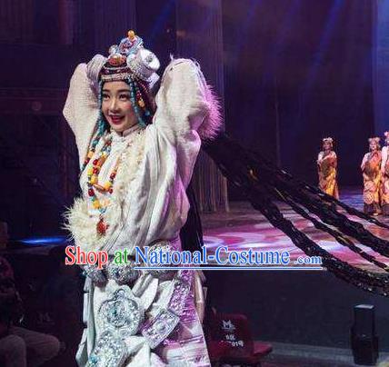 Chinese Encounter Shangri La Impression Tibetan Ethnic Dance White Robe Stage Performance Costume and Headpiece for Women