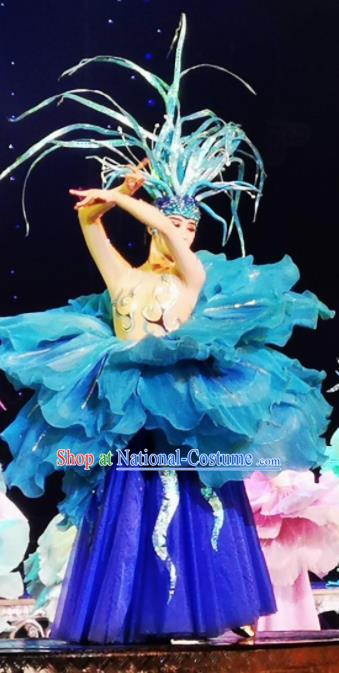 Chinese Picturesque Huizhou Classical Peony Dance Royalblue Dress Stage Performance Costume and Headpiece for Women