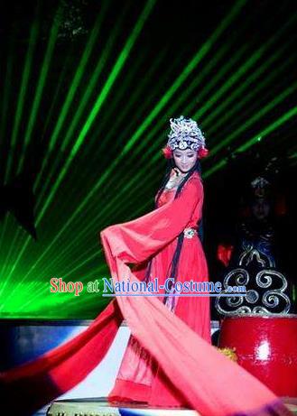 Chinese Picturesque Huizhou Opera Dance Red Dress Stage Performance Costume and Headpiece for Women