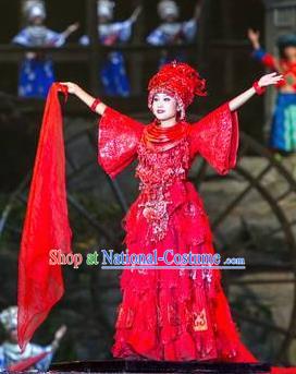 Chinese Phoenix Timeless Love Miao Nationality Dance Wedding Red Dress Stage Performance Costume and Headpiece for Women