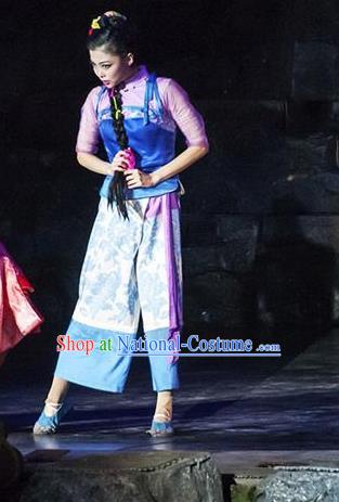 Chinese Border Town Miao Nationality Boat Girl Cui Cui Dance Dress Stage Performance Costume and Headpiece for Women