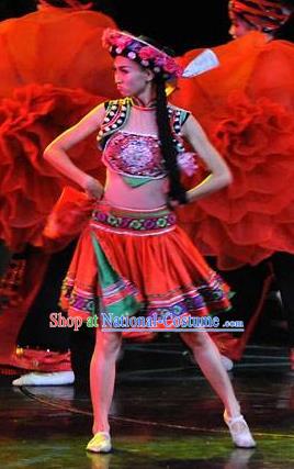 Chinese Charm Xiangxi Tujia Nationality Folk Dance Dress Stage Performance Costume and Headpiece for Women