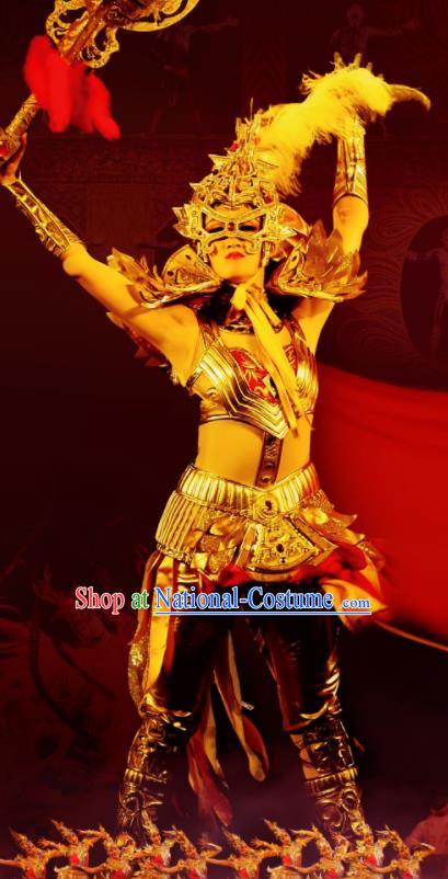 Chinese Golden Mask Dynasty Female Warrior Dance Dress Stage Performance Costume and Headpiece for Women