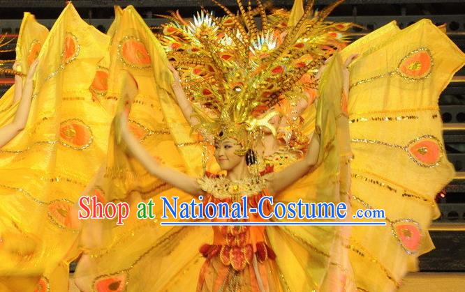 Chinese Dragon Phoenix Dance Butterfly Wing Dress Stage Performance Costume and Headpiece for Women