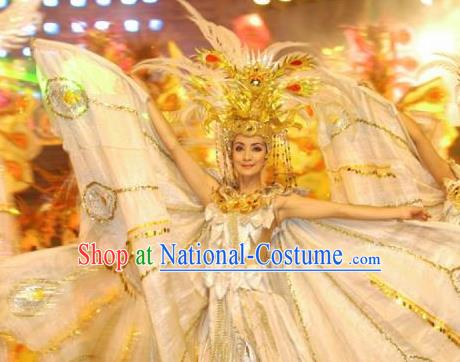 Chinese Dragon Phoenix Dance Butterfly Grey Dress Stage Performance Costume and Headpiece for Women