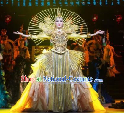 Chinese Oriental Apparel Dance Golden Dress Stage Performance Costume and Headpiece for Women