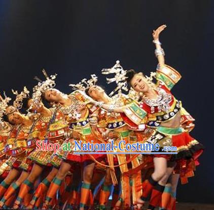 Chinese Wind Of Colorful Guizhou Yi Nationality Ethnic Dance Dress Stage Performance Costume and Headpiece for Women