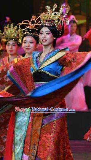 Chinese Han Wind Float In The Sky Han Dynasty Queen Classical Dance Red Dress Stage Performance Costume and Headpiece for Women