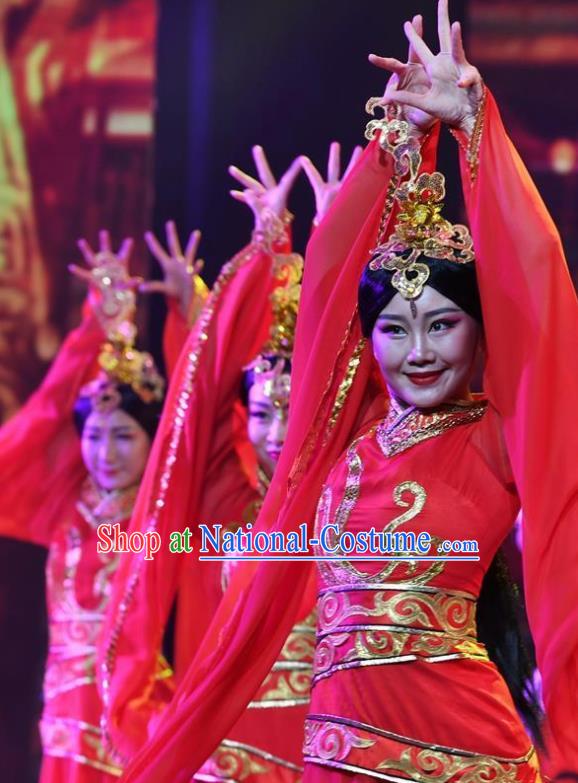 Chinese Han Wind Float In The Sky Han Dynasty Court Classical Dance Red Dress Stage Performance Costume and Headpiece for Women