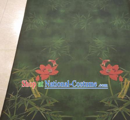 Traditional Chinese Classical Bamboo Lotus Pattern Green Gambiered Guangdong Gauze Silk Fabric Ancient Hanfu Dress Silk Cloth