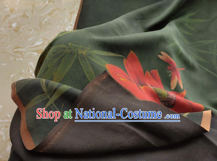 Traditional Chinese Classical Bamboo Lotus Pattern Green Gambiered Guangdong Gauze Silk Fabric Ancient Hanfu Dress Silk Cloth