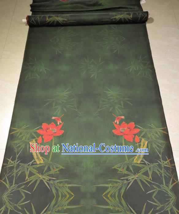 Traditional Chinese Classical Bamboo Lotus Pattern Green Gambiered Guangdong Gauze Silk Fabric Ancient Hanfu Dress Silk Cloth