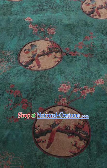 Traditional Chinese Classical Plum Pattern Green Gambiered Guangdong Gauze Silk Fabric Ancient Hanfu Dress Silk Cloth