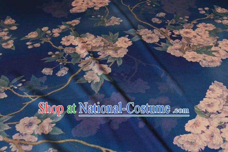 Traditional Chinese Classical Pear Flowers Pattern Blue Gambiered Guangdong Gauze Silk Fabric Ancient Hanfu Dress Silk Cloth