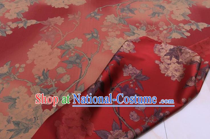 Traditional Chinese Classical Pear Flowers Pattern Red Gambiered Guangdong Gauze Silk Fabric Ancient Hanfu Dress Silk Cloth