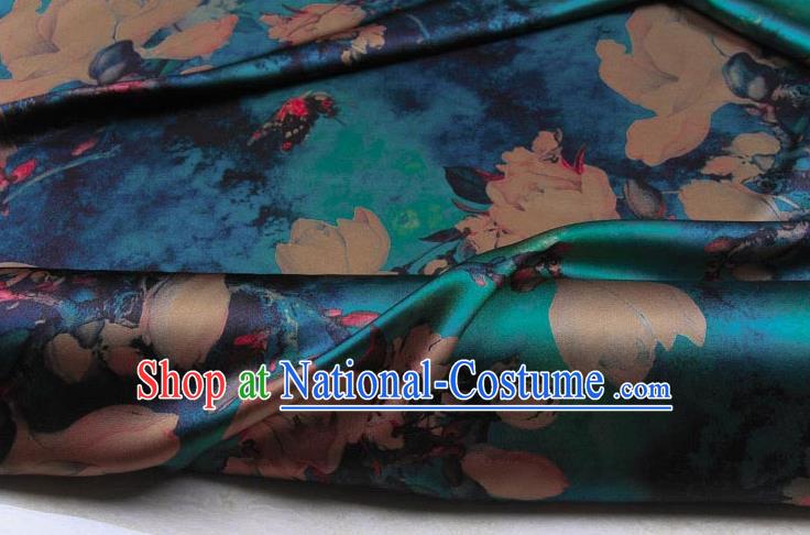 Traditional Chinese Classical Yulan Magnolia Pattern Blue Gambiered Guangdong Gauze Silk Fabric Ancient Hanfu Dress Silk Cloth