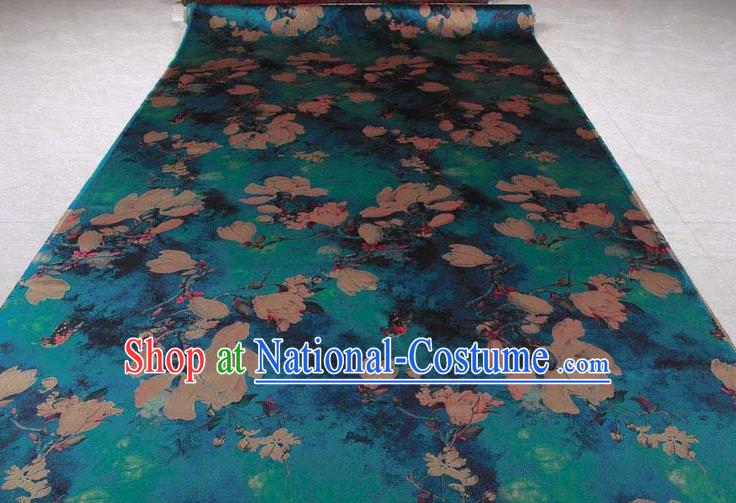 Traditional Chinese Classical Yulan Magnolia Pattern Blue Gambiered Guangdong Gauze Silk Fabric Ancient Hanfu Dress Silk Cloth