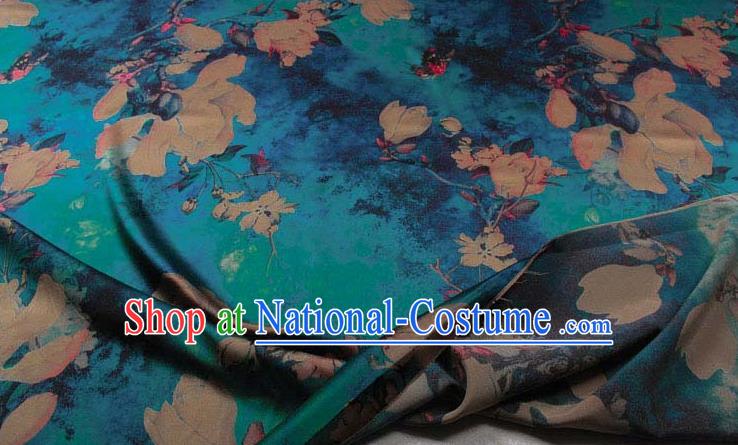 Traditional Chinese Classical Yulan Magnolia Pattern Blue Gambiered Guangdong Gauze Silk Fabric Ancient Hanfu Dress Silk Cloth