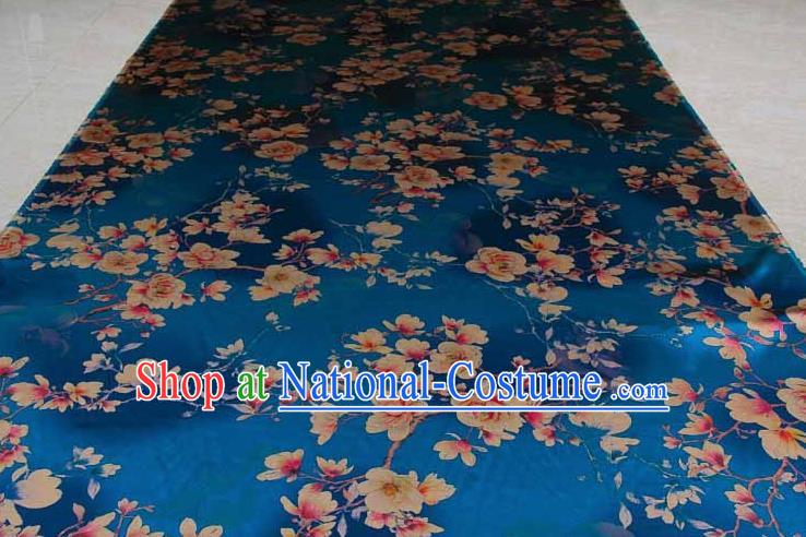 Traditional Chinese Classical Magnolia Pattern Blue Gambiered Guangdong Gauze Silk Fabric Ancient Hanfu Dress Silk Cloth