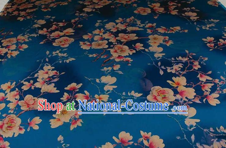 Traditional Chinese Classical Magnolia Pattern Blue Gambiered Guangdong Gauze Silk Fabric Ancient Hanfu Dress Silk Cloth