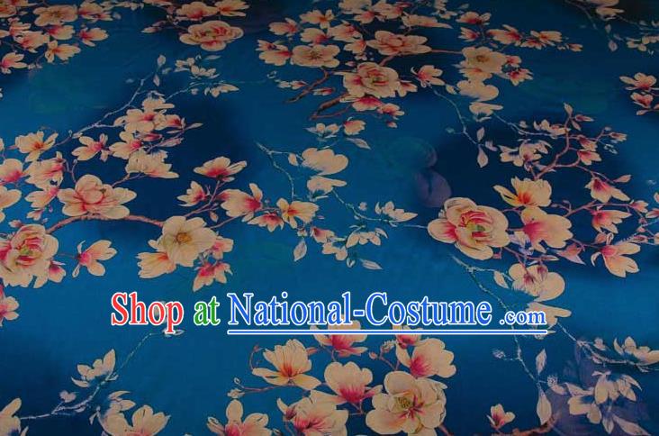 Traditional Chinese Classical Magnolia Pattern Blue Gambiered Guangdong Gauze Silk Fabric Ancient Hanfu Dress Silk Cloth