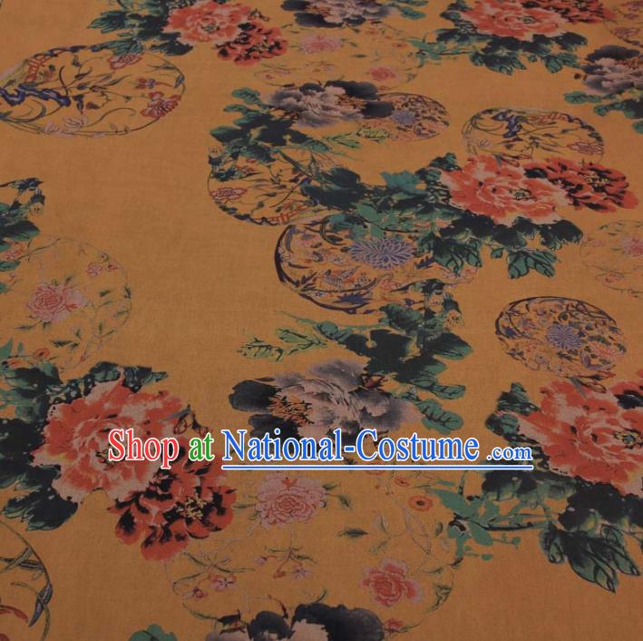 Traditional Chinese Classical Flowers Pattern Yellow Gambiered Guangdong Gauze Silk Fabric Ancient Hanfu Dress Silk Cloth