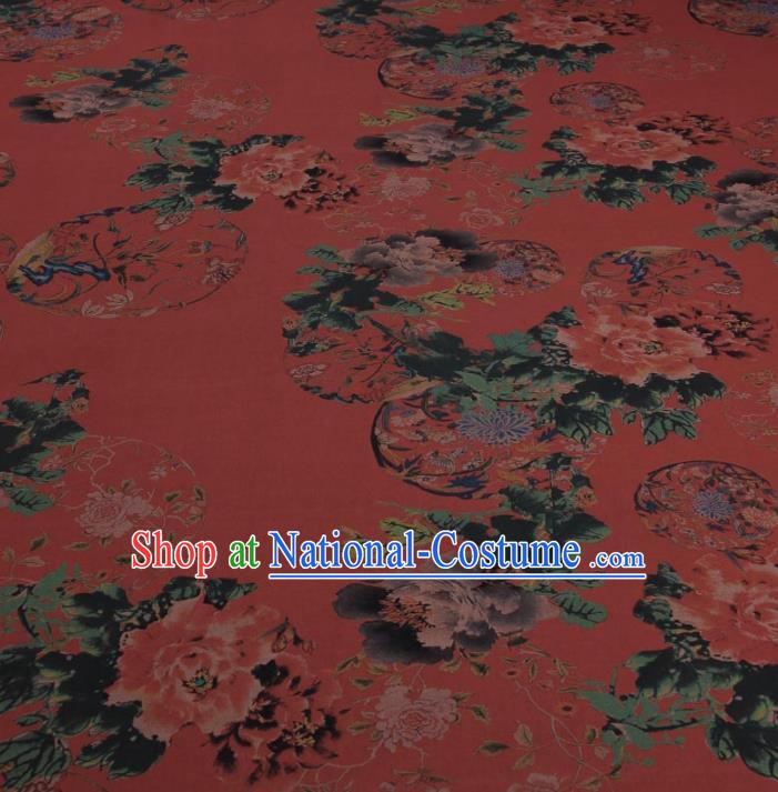 Traditional Chinese Classical Flowers Pattern Rust Red Gambiered Guangdong Gauze Silk Fabric Ancient Hanfu Dress Silk Cloth