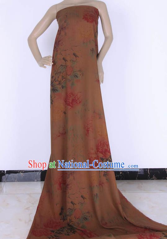 Traditional Chinese Classical Peony Pattern Brown Gambiered Guangdong Gauze Silk Fabric Ancient Hanfu Dress Silk Cloth