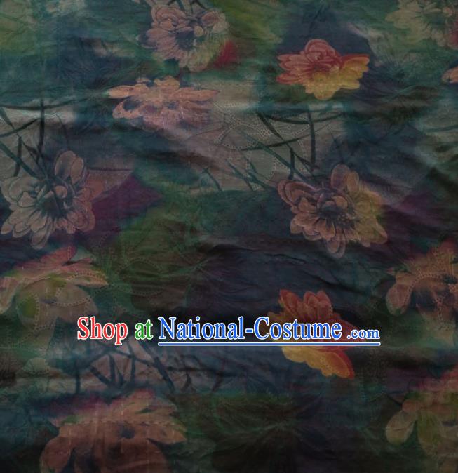 Traditional Chinese Classical Lotus Pattern Deep Blue Gambiered Guangdong Gauze Silk Fabric Ancient Hanfu Dress Silk Cloth